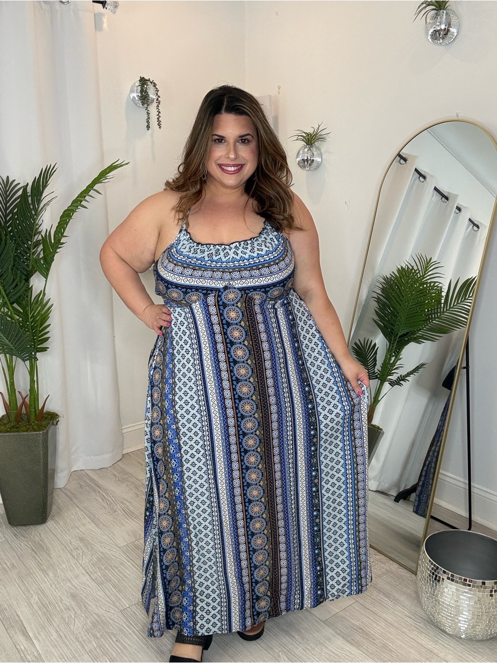Plus Blue and White Boho Medallion Striped Print Maxi Dress